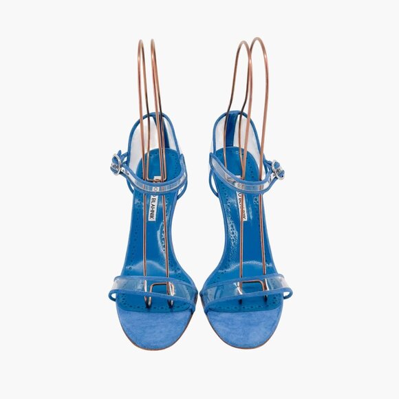 Manolo Blahnik Fersen PVC Sandals Size 40 US 10 Blue Suede High Heels Clear 105 - Picture 3 of 15